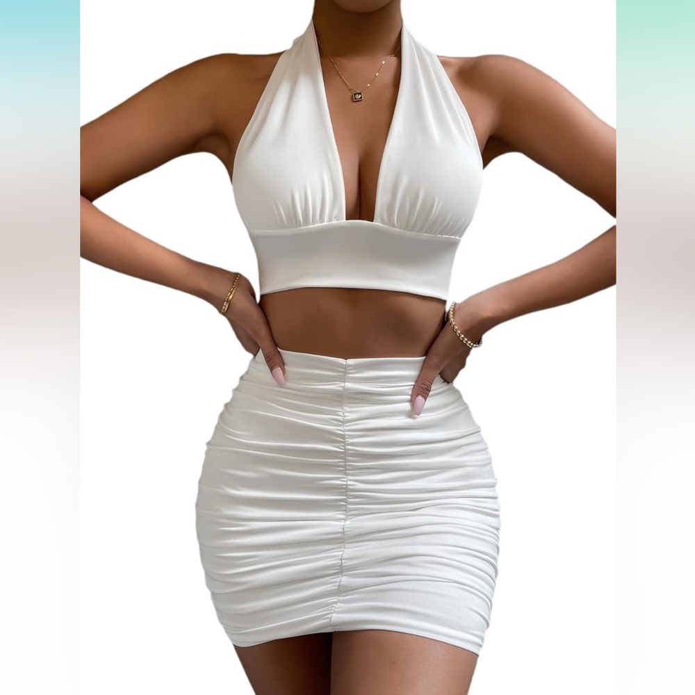 White 2 Piece Outfit - Halter Top and Ruched Mini Skirt Set